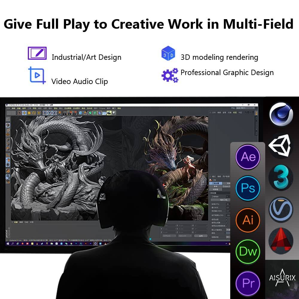 Give Full Play to Creative Work in Multi-Field

- Industrial/Art Design
- Video Audio Clip
- 3D modeling rendering
- Professional Graphic Design

Software Icons:
- Ae
- Ps
- Ai
- Dw
- Pr

AISURIX