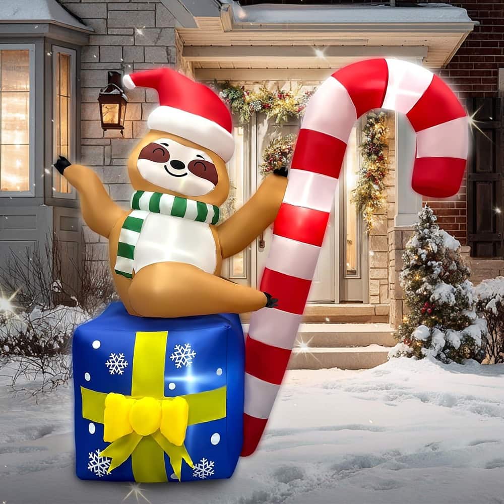 PARKER SLATER - 6FT Inflatable Sloth Christmas Decor – LED Blow-Up with Candy Cane, Outdoor/Indoor - Multicolor