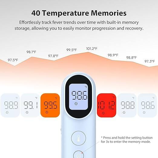 40 Temperature Memories

Effortlessly track fever trends over time with built-in memory storage, allowing you to easily monitor progression and recovery.

97.5°F 98.1°F 97.8°F 99.5°F 101.2°F 98.9°F 98.8°F 97.3°F

Press and hold the setting button for 3s to enter the memory mode.
