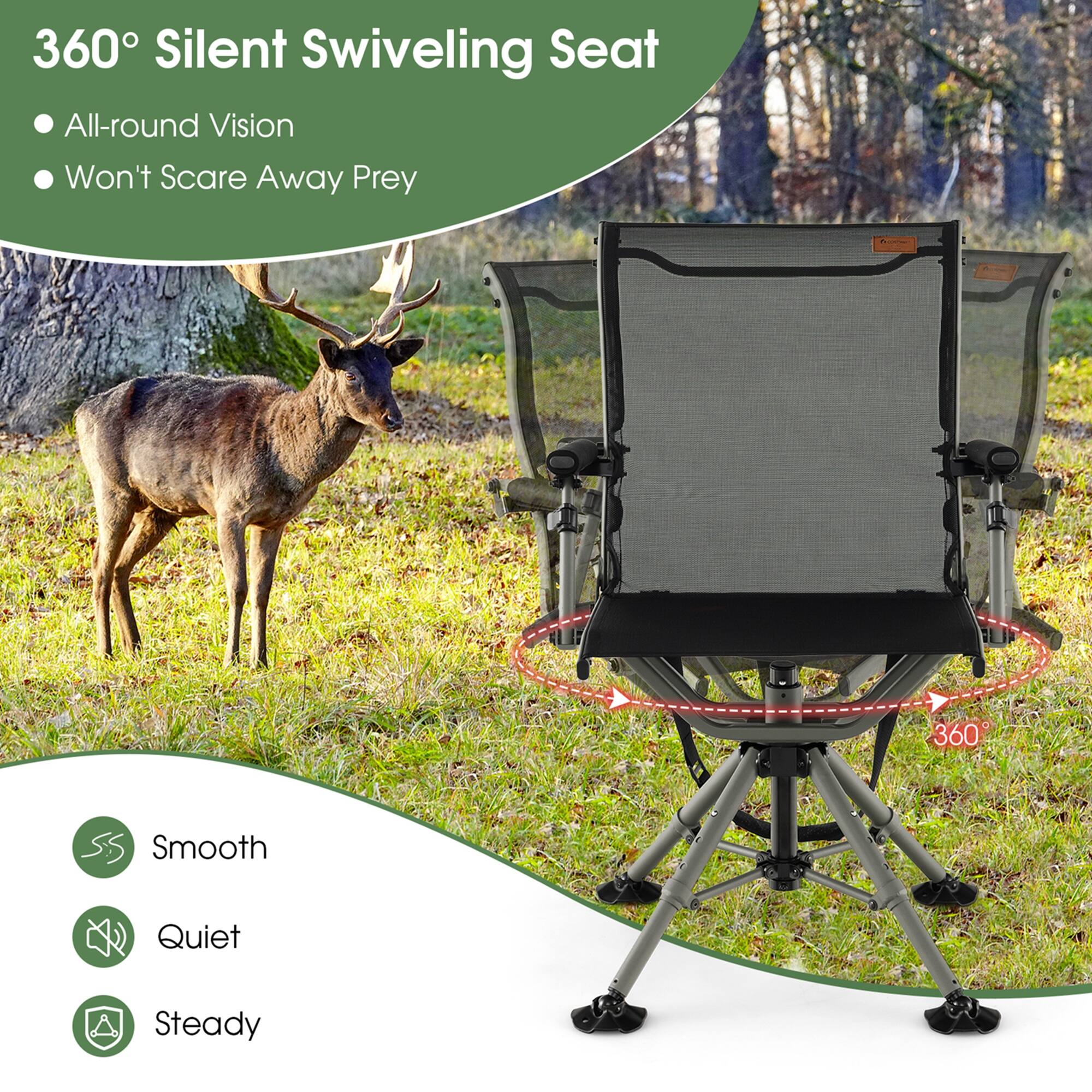 360° Silent Swiveling Seat  
- All-round Vision  
- Won't Scare Away Prey  

Smooth  
Quiet  
Steady