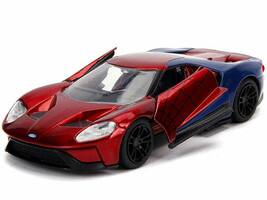 Angle. Jada - 2017 Ford GT "Spider-Man" Theme "Marvel" Series 1/32 Diecast Model Car by Jada - Red, Blue.