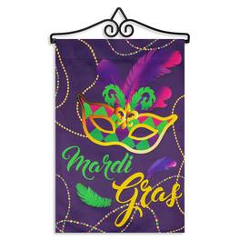 G128 - Combo Garden Flag Hanger 14in with 12x18 Mardi Gras Masquerade Mask Double-Sided Blockout Flag - Purple