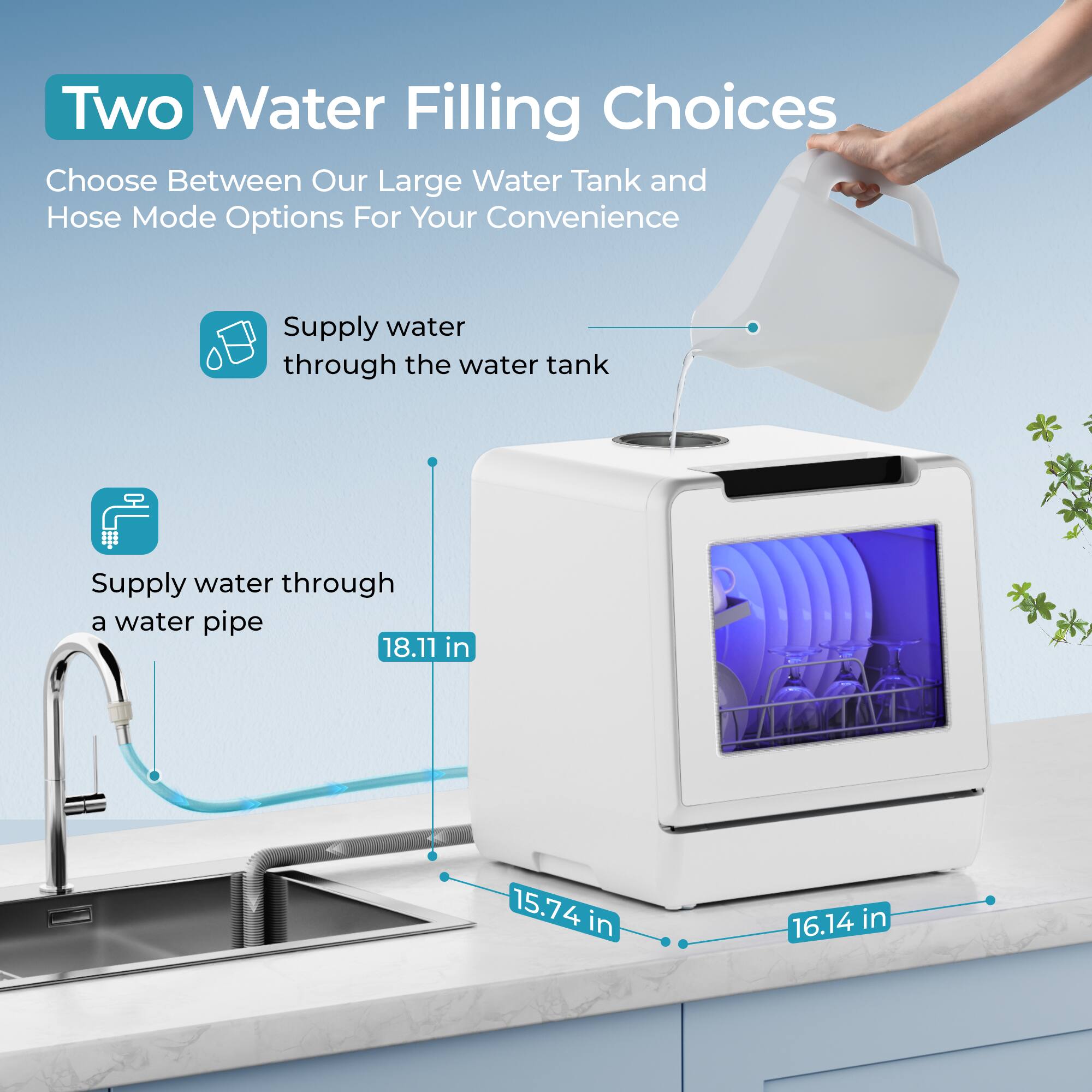Two Water Filling Choices

Choose Between Our Large Water Tank and Hose Mode Options For Your Convenience

- Supply water through the water tank
- Supply water through a water pipe

Dimensions:
- 18.11 in
- 15.74 in
- 16.14 in