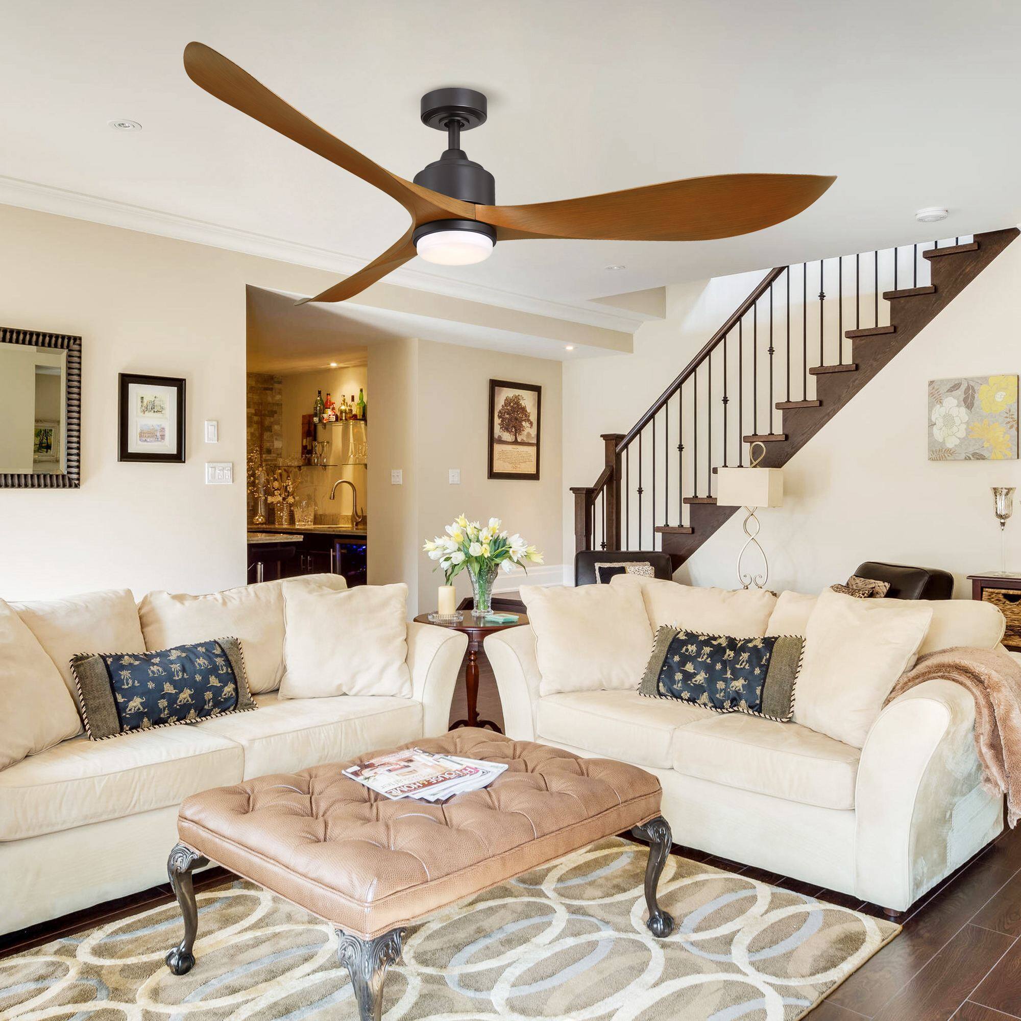 Angle. Parrot Uncle - 66" Modern Brown 3-Blade Dimmable Ceiling Fan with Light and Remote - Oil Rubbed Bronze.