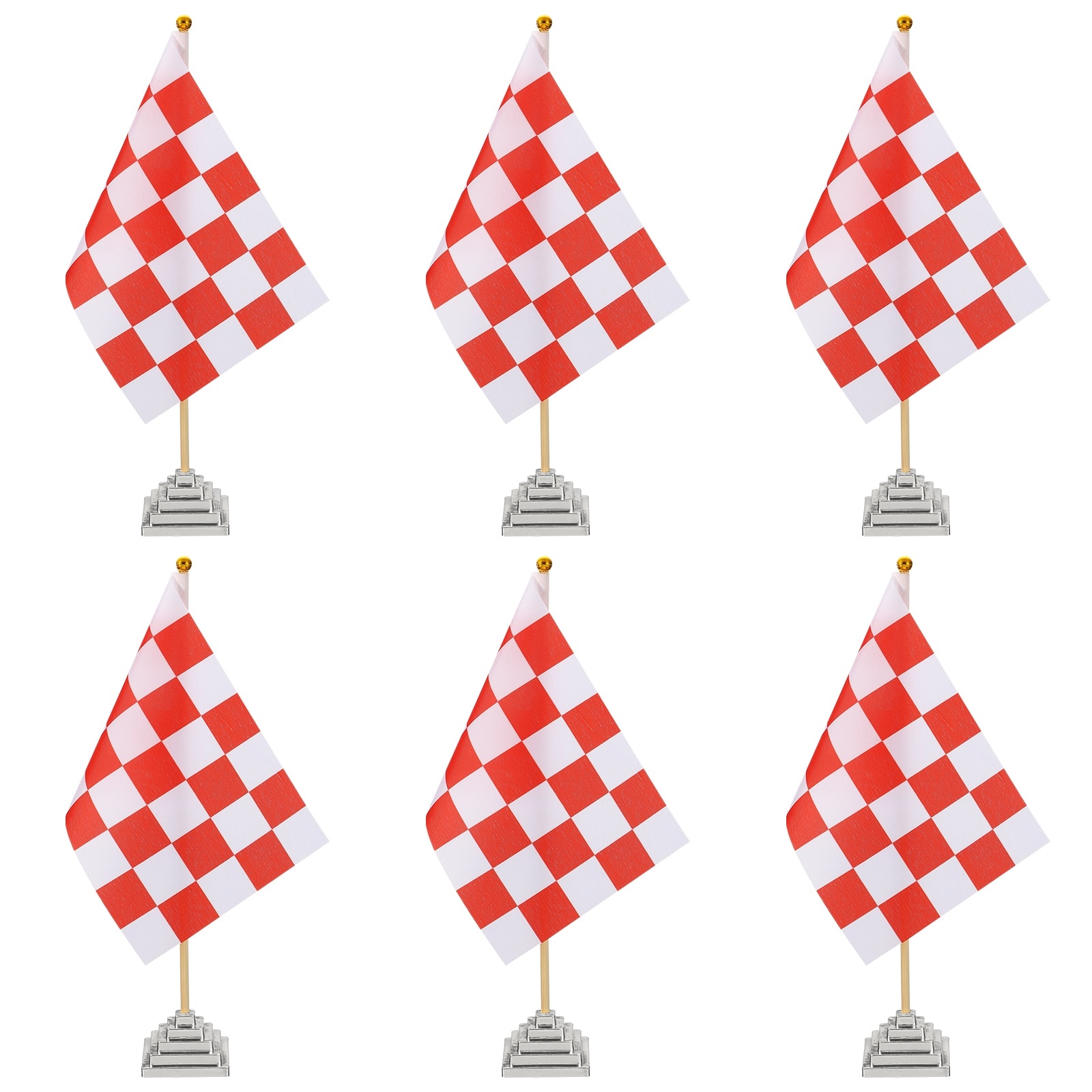 Unique Bargains - 6pcs 12" R/W Checkered Table Flag for Racing/Sport Party, Bamboo Stick & Silver Square Base - Red and White Flag, Silver Base
