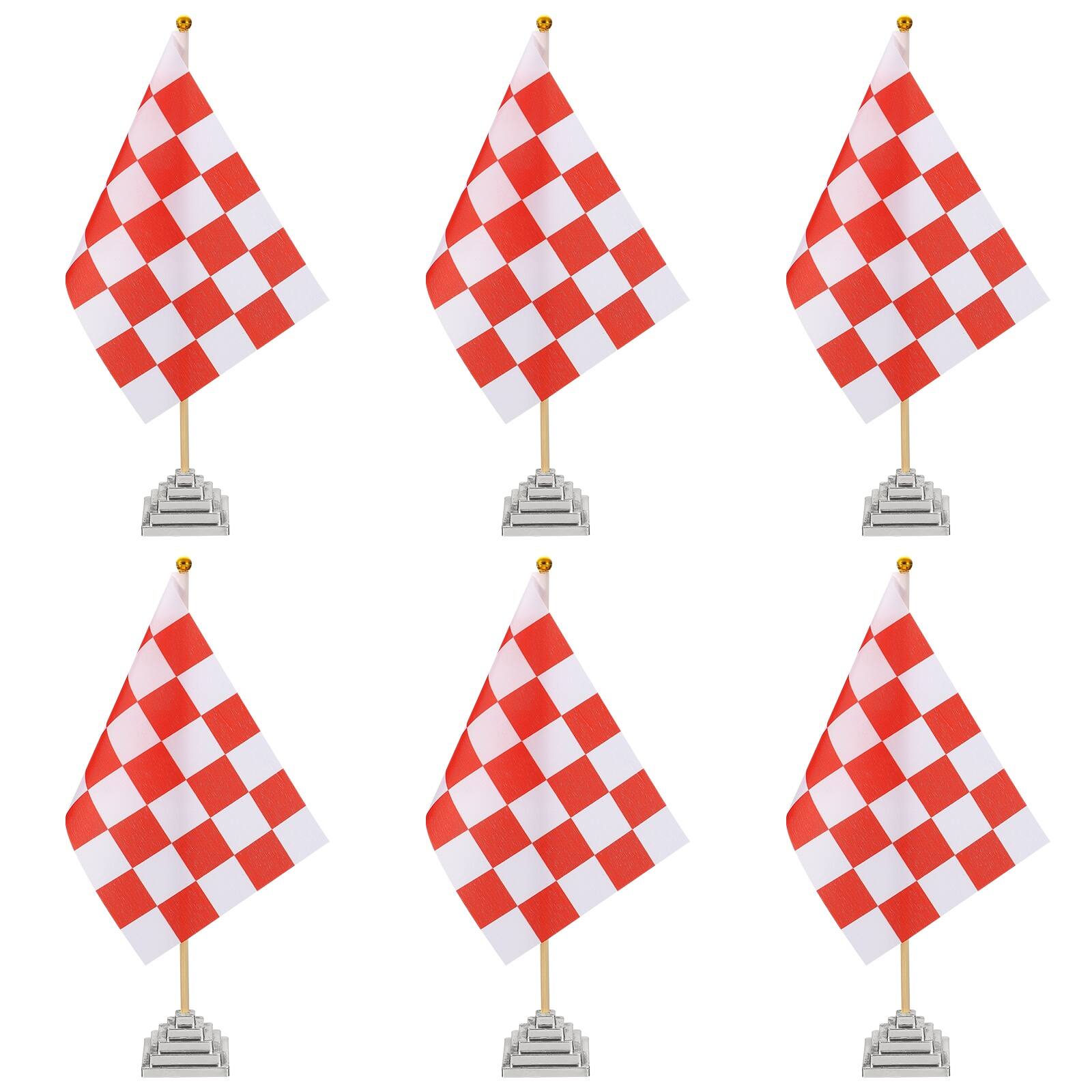 Front. Unique Bargains - 6pcs 12" R/W Checkered Table Flag for Racing/Sport Party, Bamboo Stick & Silver Square Base - Red and White Flag, Silver Base.