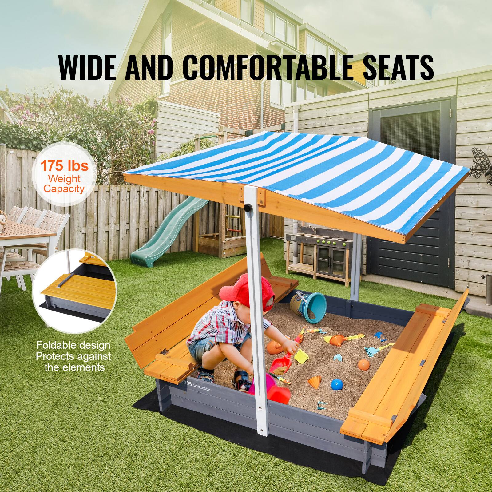 WIDE AND COMFORTABLE SEATS

175 lbs Weight Capacity

Foldable design Protects against the elements