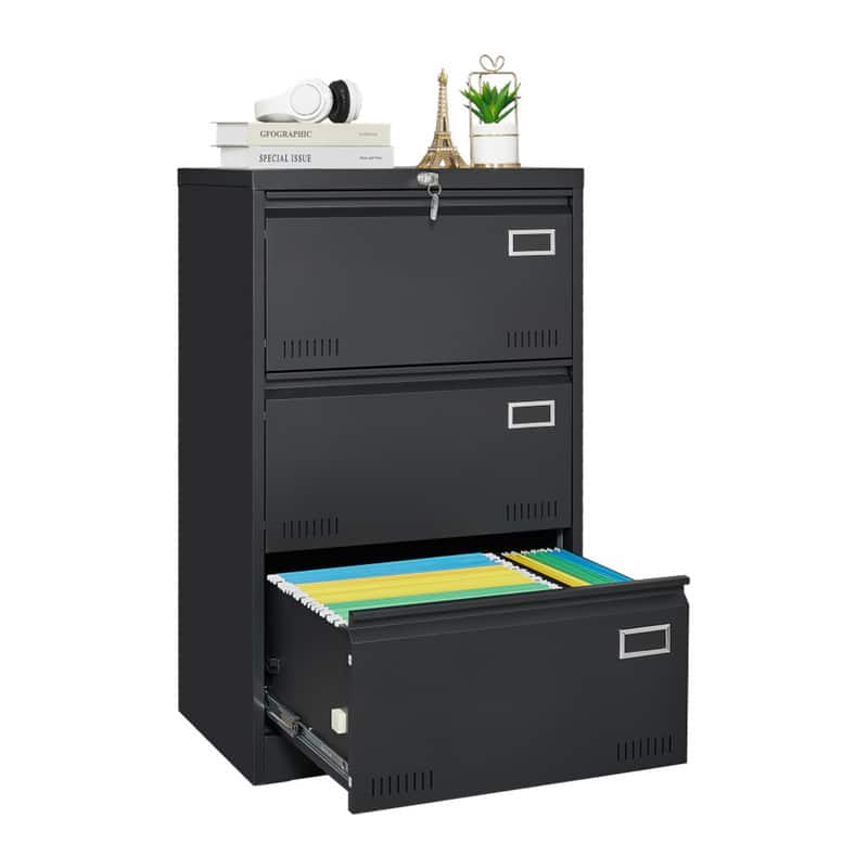 HTUTWOO - Lateral File Cabinet 3 Drawer - Locking Metal File Cabinets Three Drawer with Lock Drawers for Home Office,Letter,A4,F4 - Black