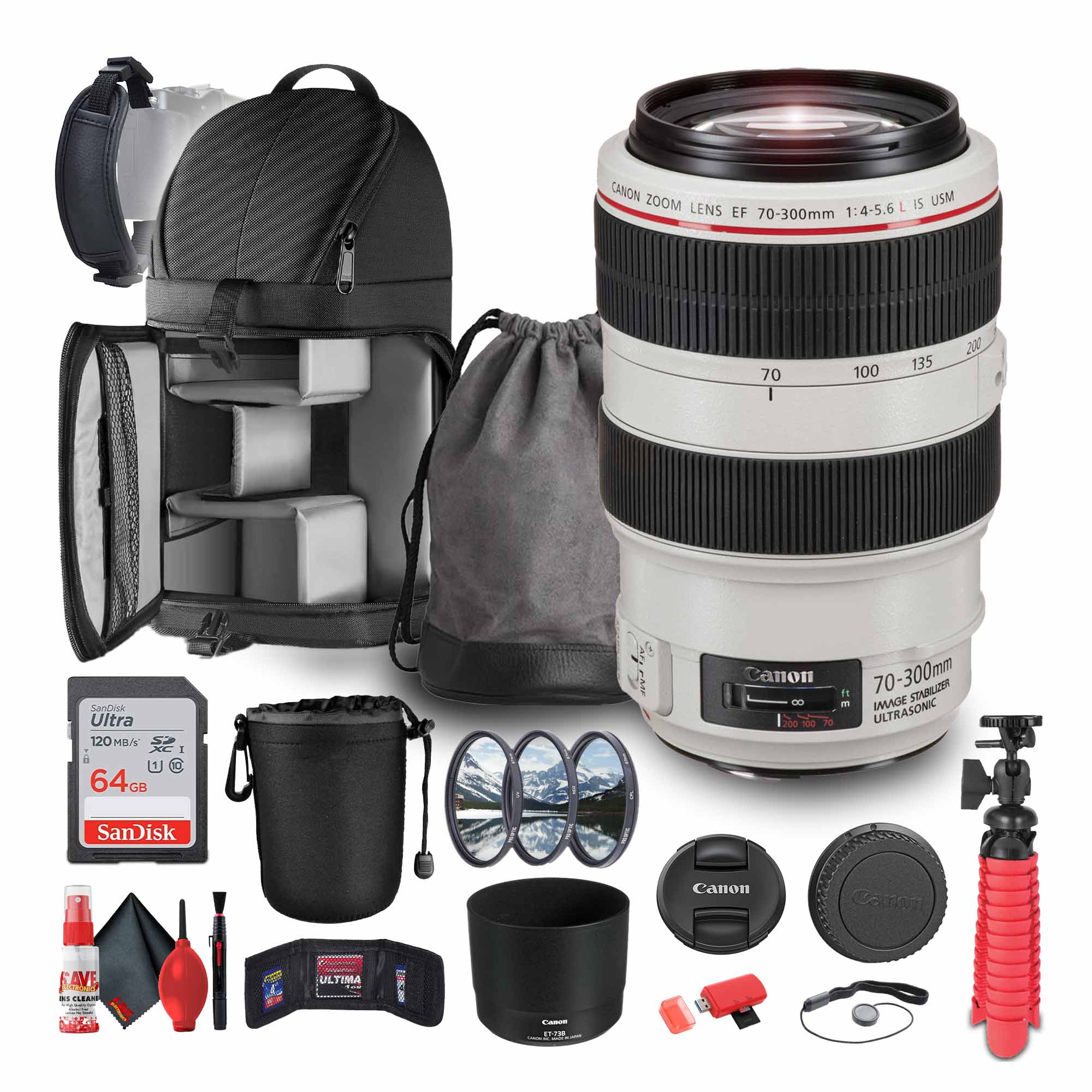 Canon - EF 70-300mm f/4-5.6L IS USM Telephoto Zoom Lens + 64GB Memory Card + More w essential (International Version)
