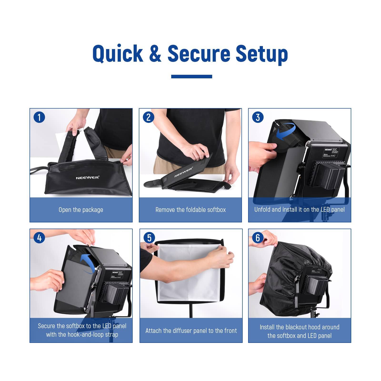 Quick & Secure Setup

1. Open the package
2. Remove the foldable softbox
3. Unfold and install it on the LED panel
4. Secure the softbox to the LED panel with the hook-and-loop strap
5. Attach the diffuser panel to the front
6. Install the blackout hood around the softbox and LED panel