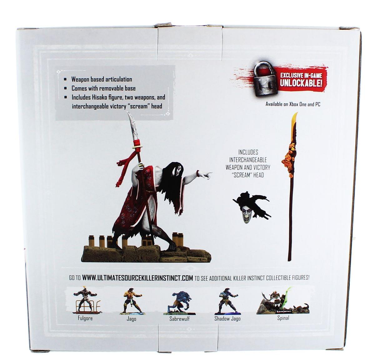 Weapon based articulation  
Comes with removable base  
Includes Hisako figure, two weapons, and interchangeable victory "scream" head  

EXCLUSIVE IN-GAME UNLOCKABLE!  
Available on Xbox One and PC  

INCLUDES INTERCHANGEABLE WEAPON AND VICTORY "SCREAM" HEAD  

GO TO WWW.ULTIMATESDURCKILLERINSTINCT.COM TO SEE ADDITIONAL KILLER INSTINCT COLLECTIBLE FIGURES!  

Fulgore  
Jago  
Sabrewulf  
Shadow Jago  
Spinal