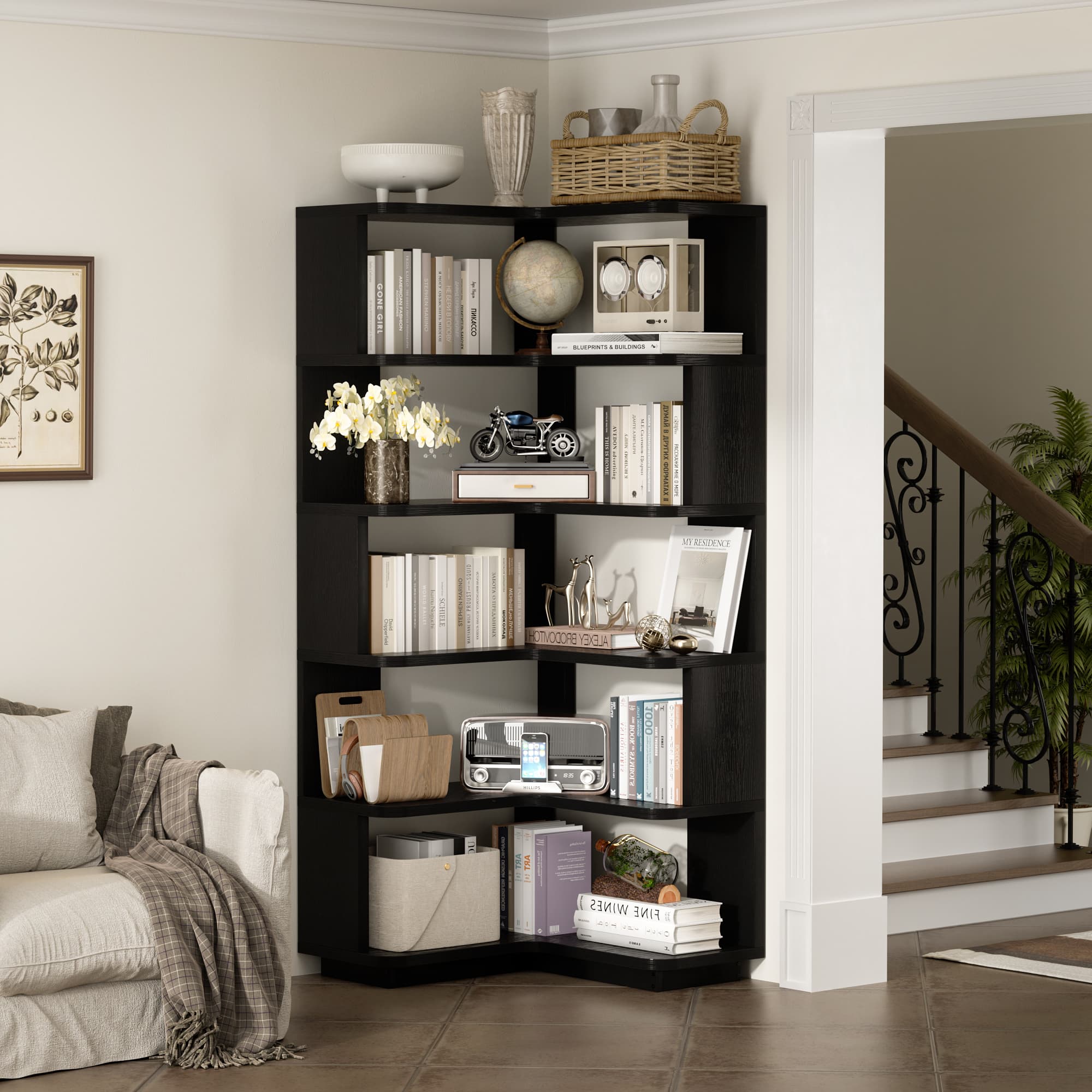 Aheaplus - 6-Tier Corner L-Shaped Etagere Bookshelf with Baffles - Freestanding Storage for Living Room/Office/Bedroom - Black