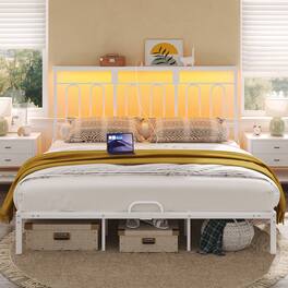 Pinmoco - Platform Bed Frame with LED Storage Headboard & Charging Station Metal Platform Bed - White