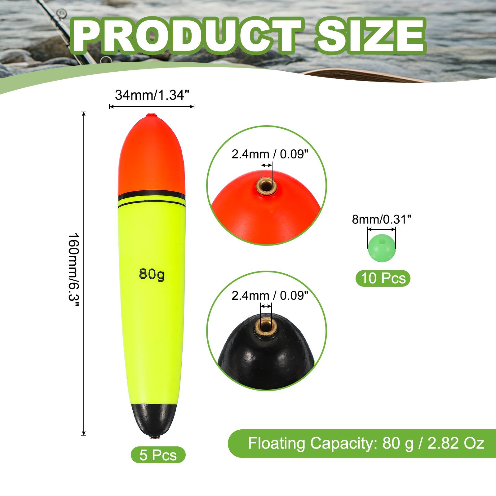PRODUCT SIZE

34mm/1.34"
160mm/6.3"
80g
2.4mm/0.09"
8mm/0.31"
10 Pcs
5 Pcs

Floating Capacity: 80 g / 2.82 Oz