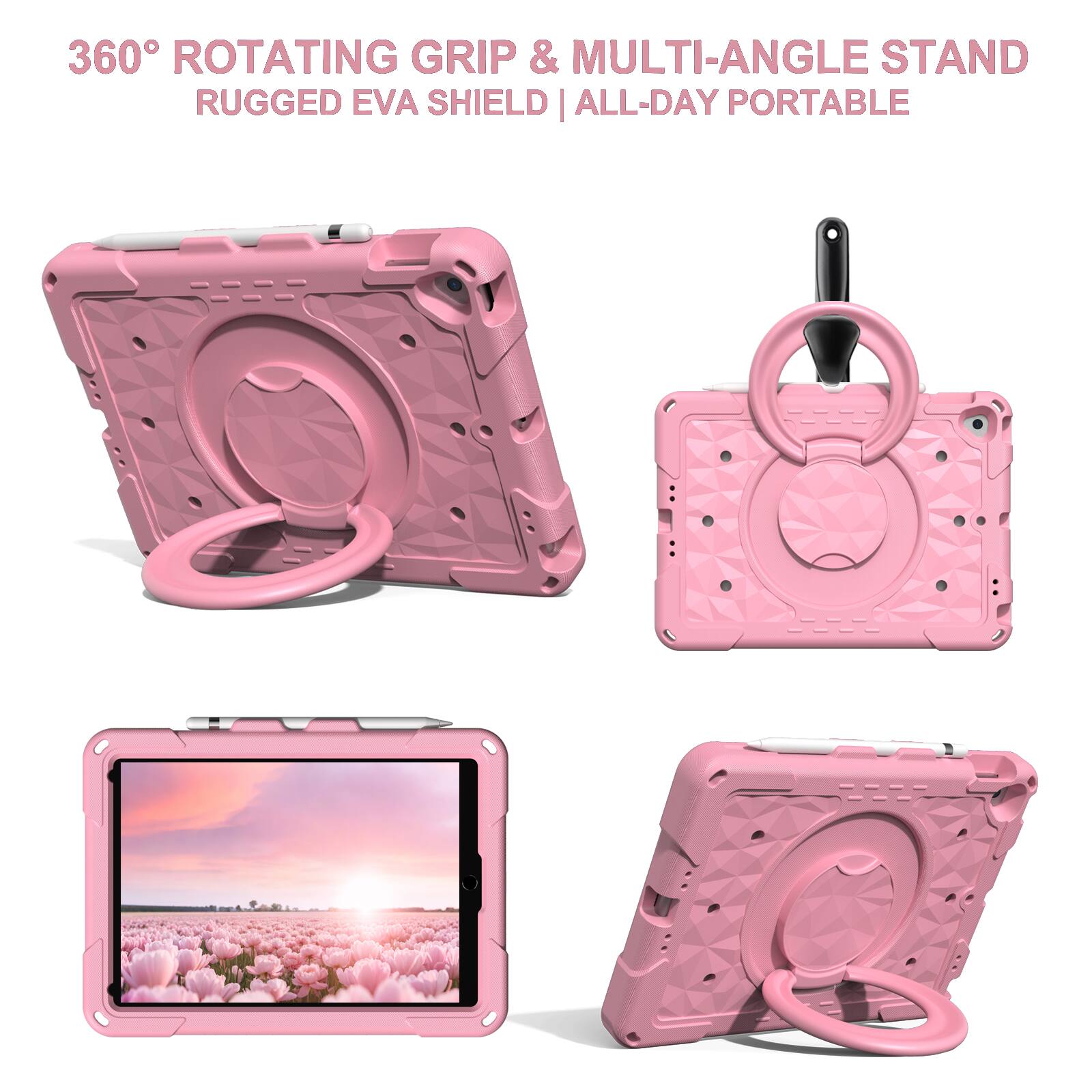 360° ROTATING GRIP & MULTI-ANGLE STAND  
RUGGED EVA SHIELD | ALL-DAY PORTABLE