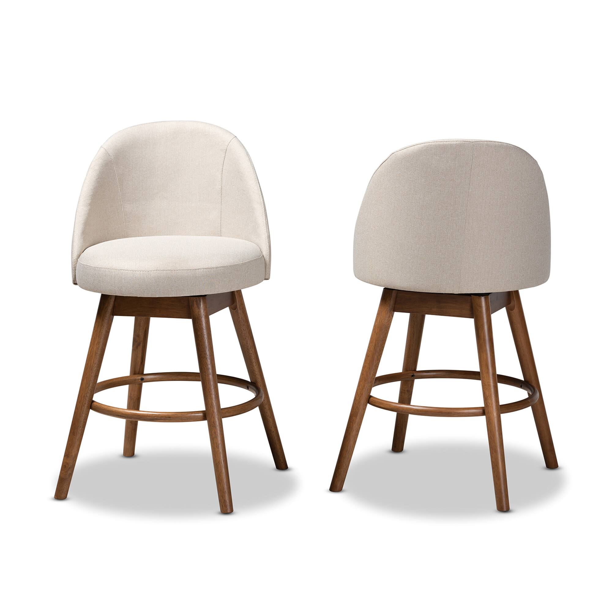 Angle. Baxton Studio - Carra Mid-Century Modern Fabric Upholstered Walnut-Finished Wood Swivel Counter Stool Set - Beige.