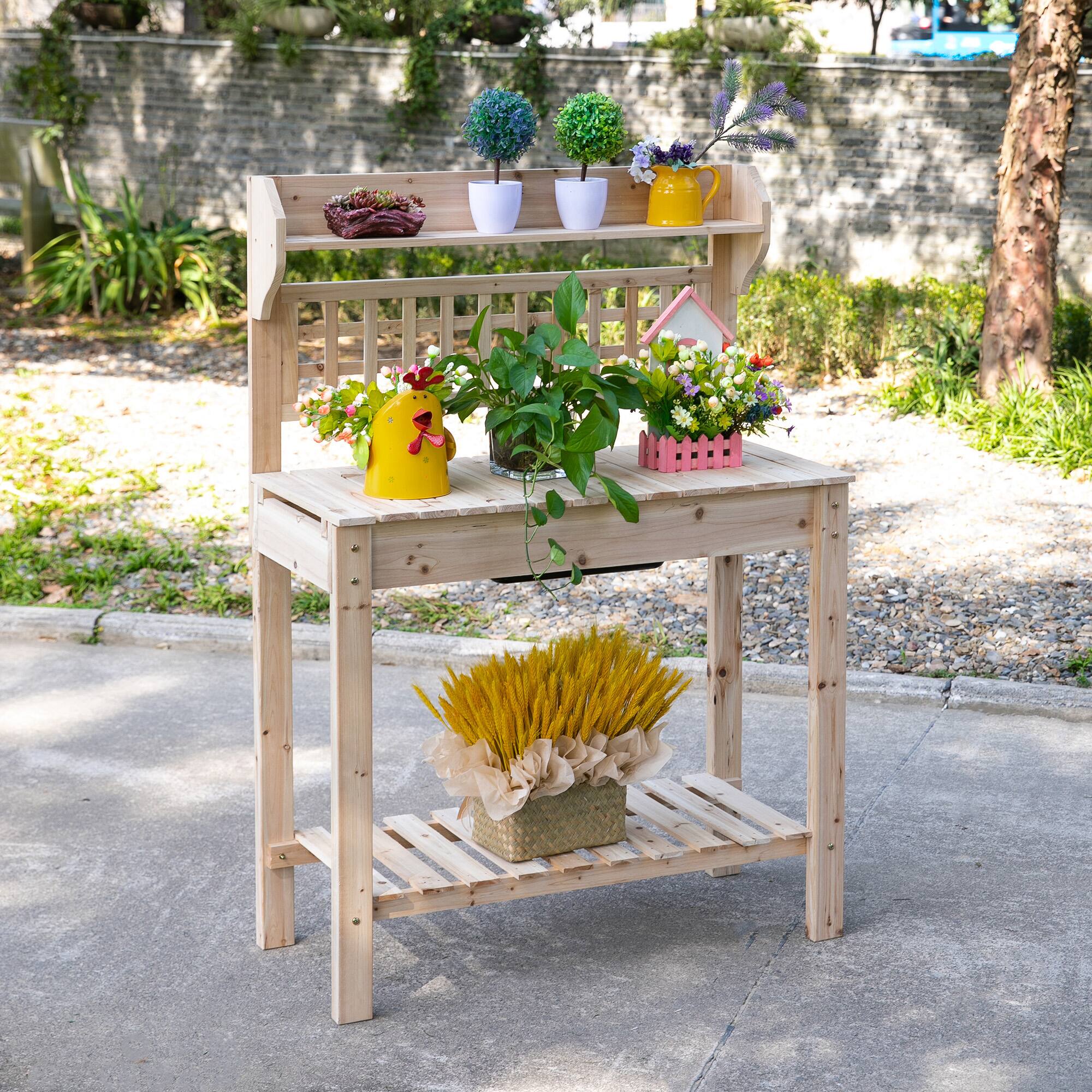Alt View 1. Outsunny - Outdoor Potting Bench Table, Wooden Workstation with Sliding Tabletop, Storage Shelf and Dry Sink, for Greenhouse - Natural Wood.