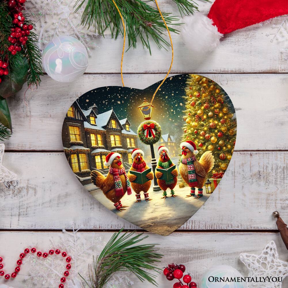 Back. OrnamentallyYou - Festive Victorian Chicken Carolers Ornament Rustic Christmas Gift and Decor Heart Version - Multi-colored.
