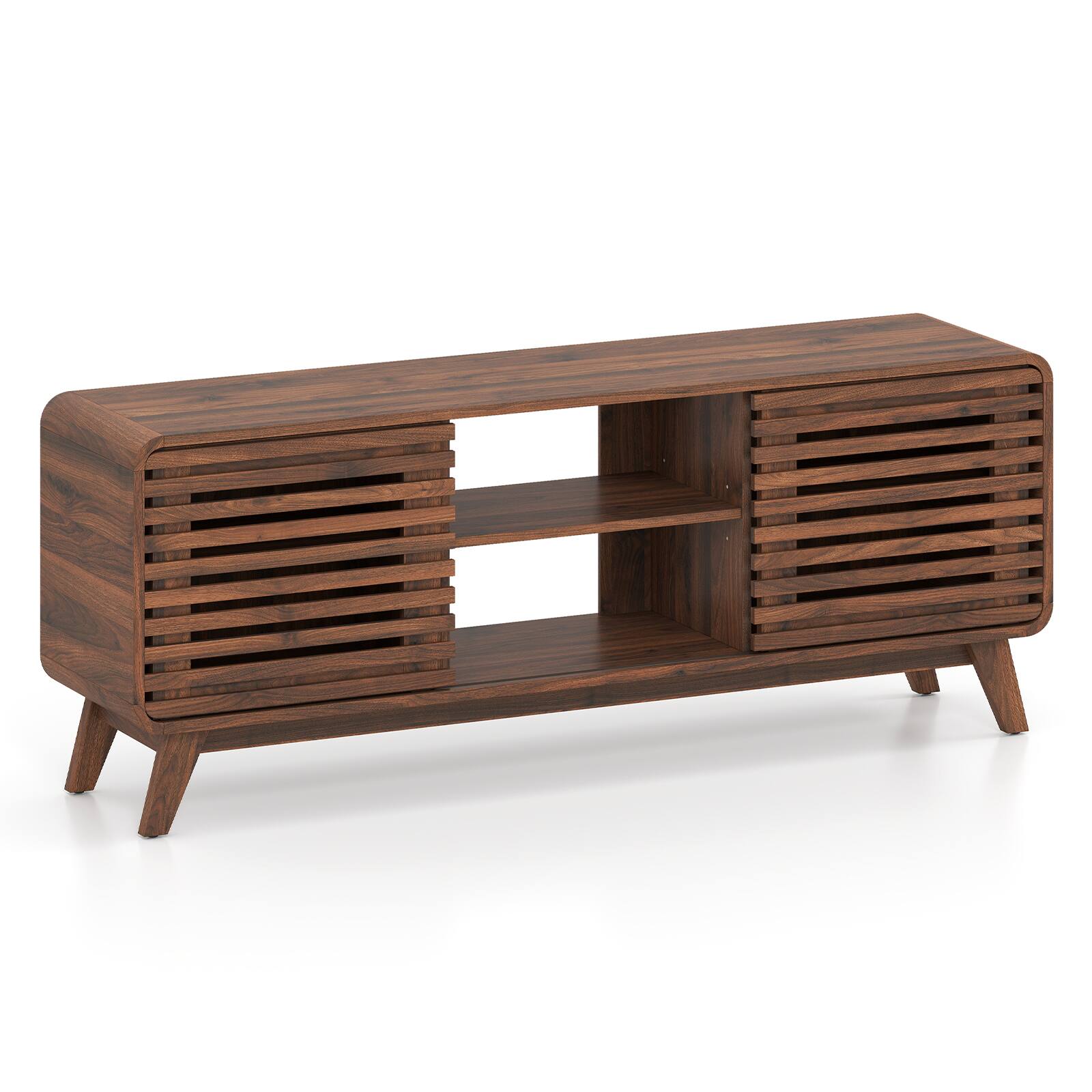 Alt View 9. Gymax - Gymax TV Stand  Mid Century Modern Entertainment Center w/ Grille-style Sliding Doors - Brown.