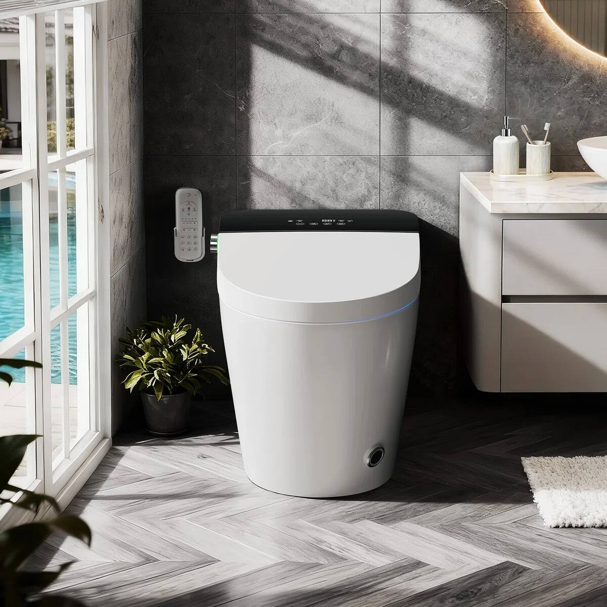 Angle. Koligey - Smart Toilet with Tankless Bidet Wash, Auto Open Lid, 1.28 Gallons Auto Dual Flush, Heat Seat, Warm Wash/Dryer - White.