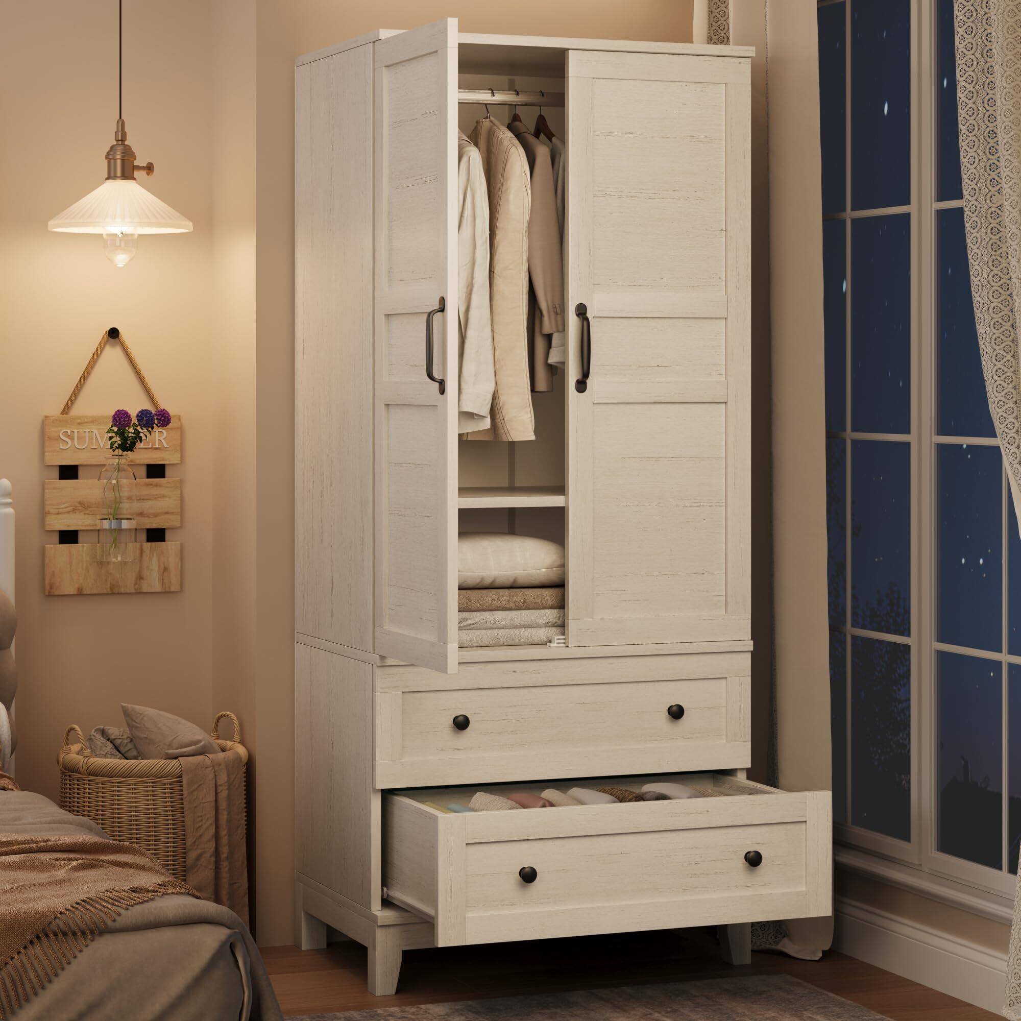 Front. GARVEE - 72" Wooden Tall Clothing Armoire Wardrobe Closet with 2 Drawers Hanging Rod and 18 Adjustable Shelves for Bedroom White - White.