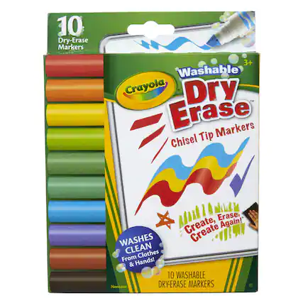 10 Dry-Erase Markers
3+ Washable Crayola Dry Erase Markers
Chisel Tip Erase, Again!
WASHES CLEAN From Clothes & Hands!
10 WASHABLE Nontoxic DRY-ERASE MARKERS