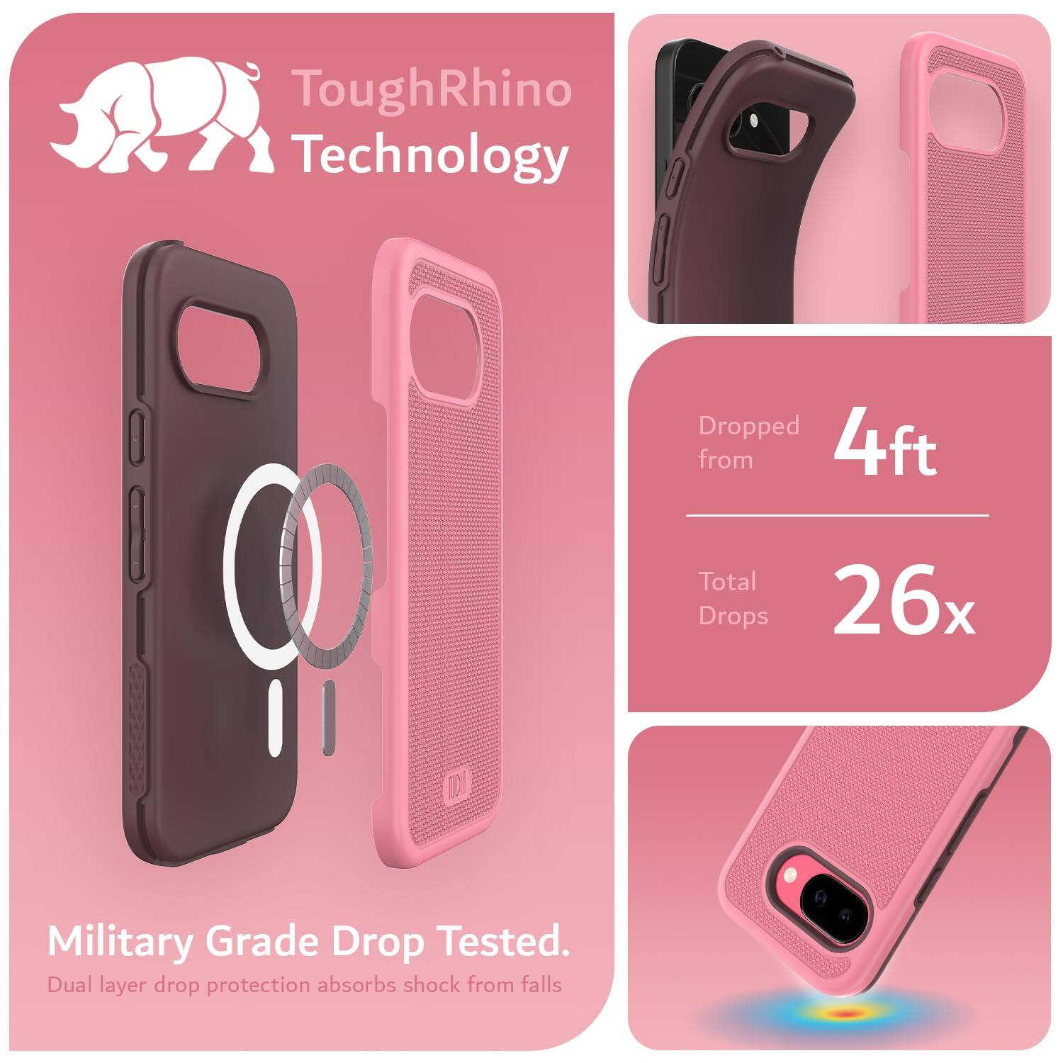 ToughRhino Technology

Dropped from 4ft  
Total Drops 26x

Military Grade Drop Tested.  
Dual layer drop protection absorbs shock from falls