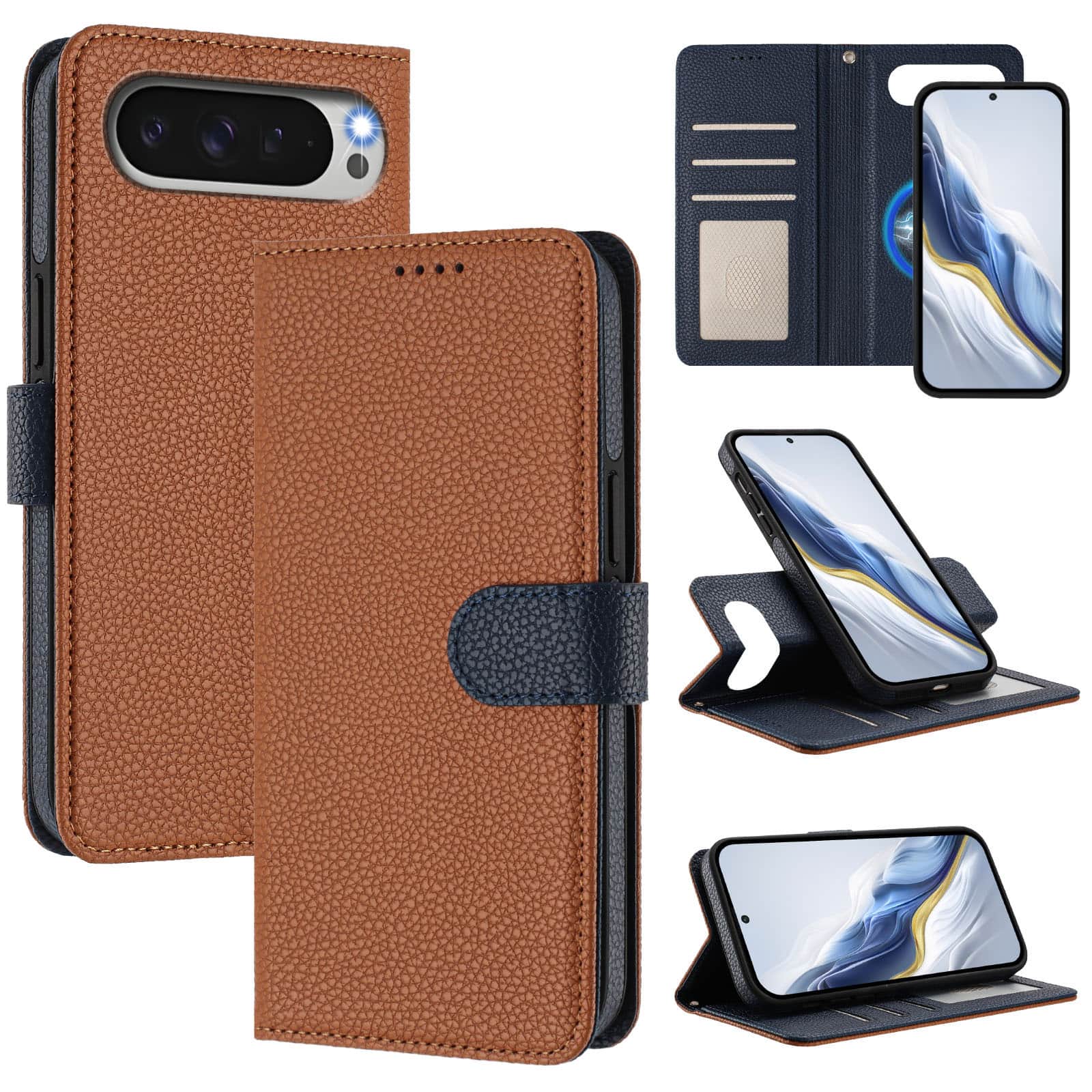 Dteck - Magnetic Detachable Wallet Case for Google Pixel 10 Pro XL,PU Leather Card Holder Flip Cover with Wrist Strap - Brown