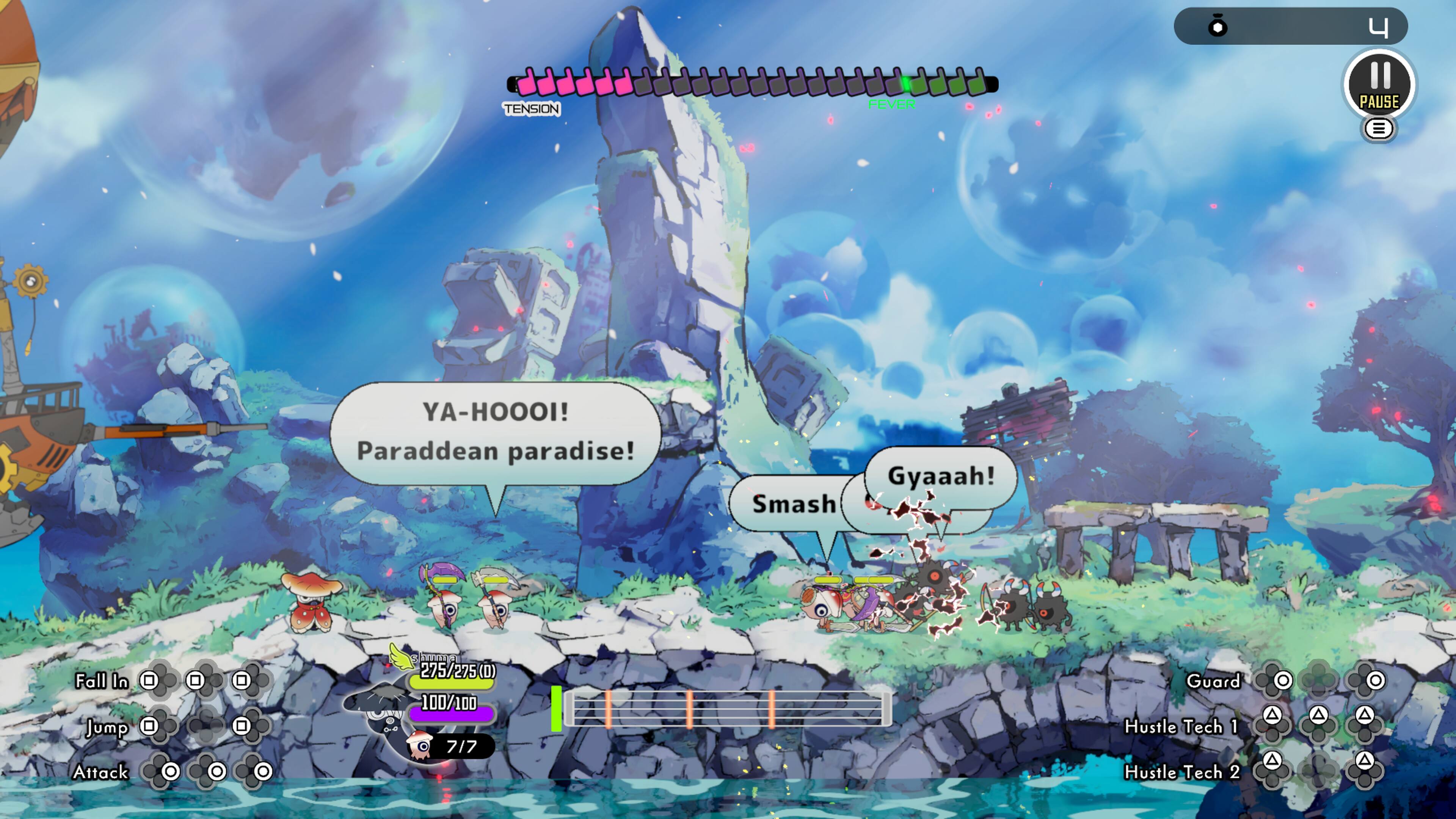 TENSION FEVER PAUSE = YA-HOOOI! Paraddean paradise! Gyaaah! Smash Fall In Jump Attack  
275/275 (0) 100/100 717  
Guard Hustle Tech 1 Hustle Tech 2  
A A A A