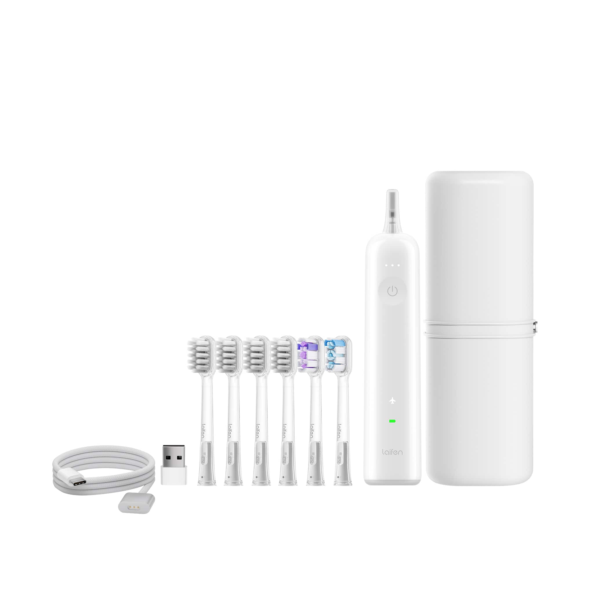 The image shows a collection of dental care items, including a toothbrush, a charger, and a holder. There are also several toothbrush heads displayed. The toothbrush is white, and the charger is white as well. The holder is designed to hold the toothbrushes and the charger.