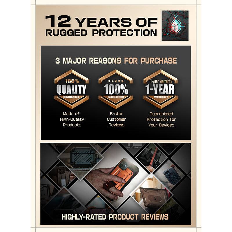12 YEARS OF RUGGED PROTECTION

3 MAJOR REASONS FOR PURCHASE

100% QUALITY GUARANTEE  
Made of High-Quality Products

100% SATISFACTION  
5-star Customer Reviews

1-YEAR WARRANTY  
Guaranteed Protection for Your Devices

HIGHLY-RATED PRODUCT REVIEWS