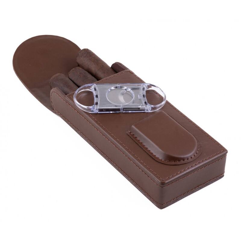 Left. Prestige - 3 Cigar Leather Case with Cutter (Brown) - Brown Leather Finish.