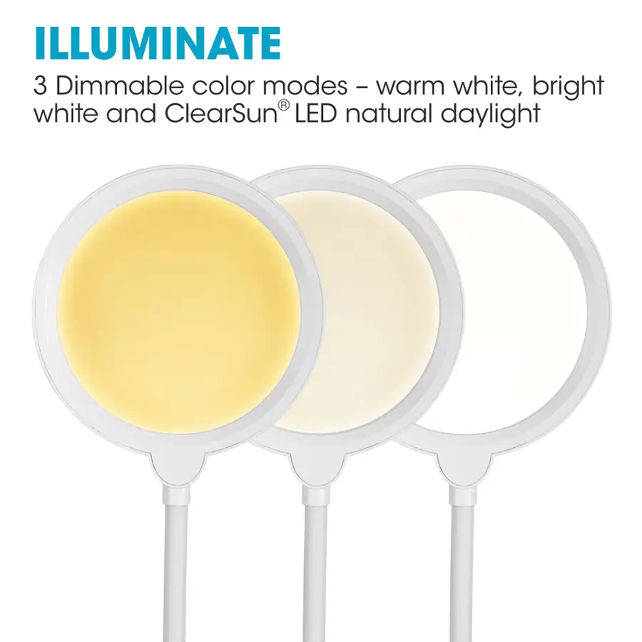 ILLUMINATE 3 Dimmable color modes - warm white, bright white, and ClearSun LED natural daylight.