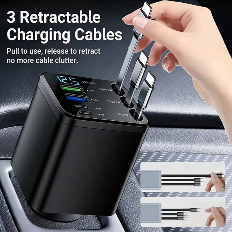 3 Retractable Charging Cables  
Pull to use, release to retract no more cable clutter.