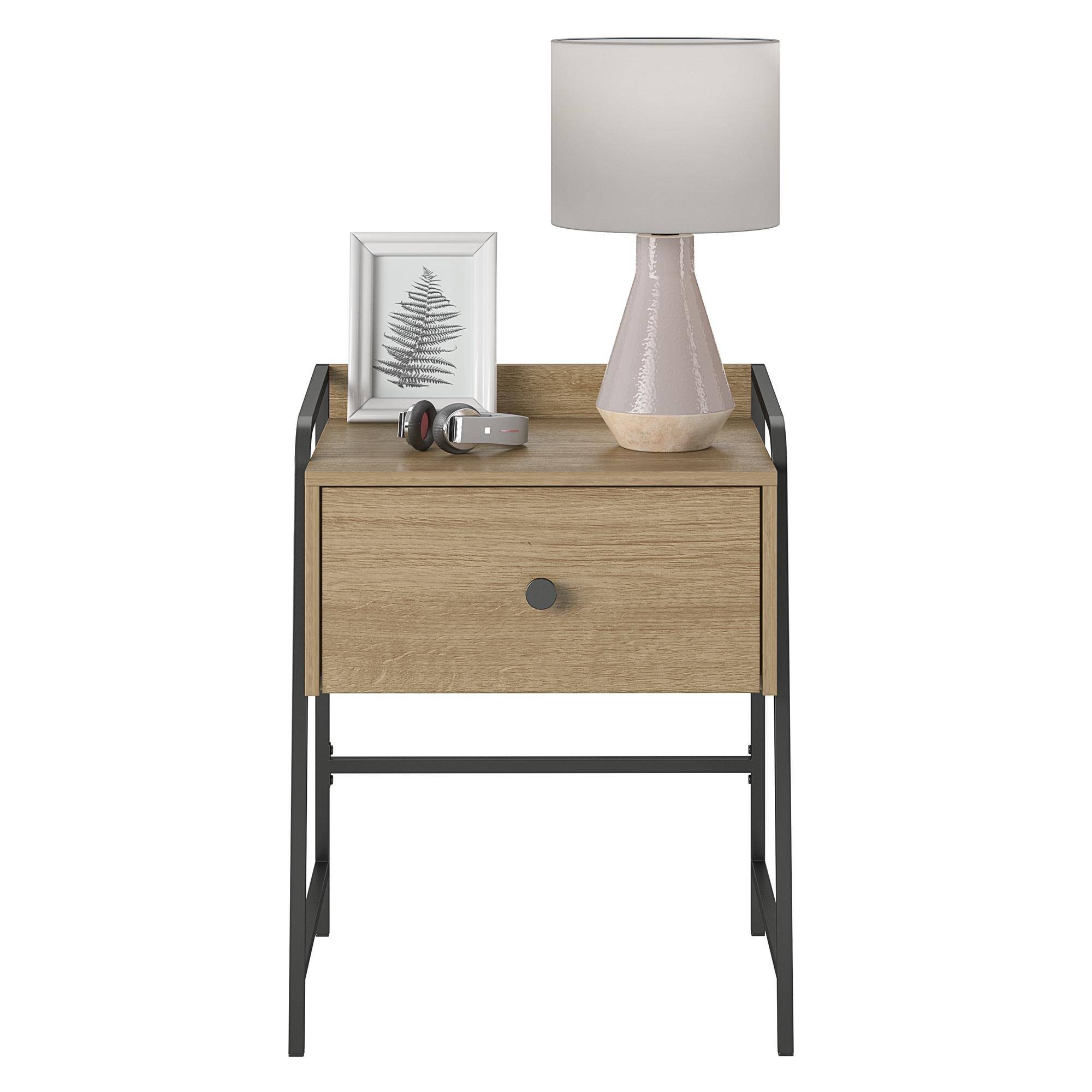 Back. Aukfa - Rustic Nightstand with Drawer - Engineered Wood & Metal Frame, 40lb Top Capacity, 21"W x 26.6"H - Light Gray.