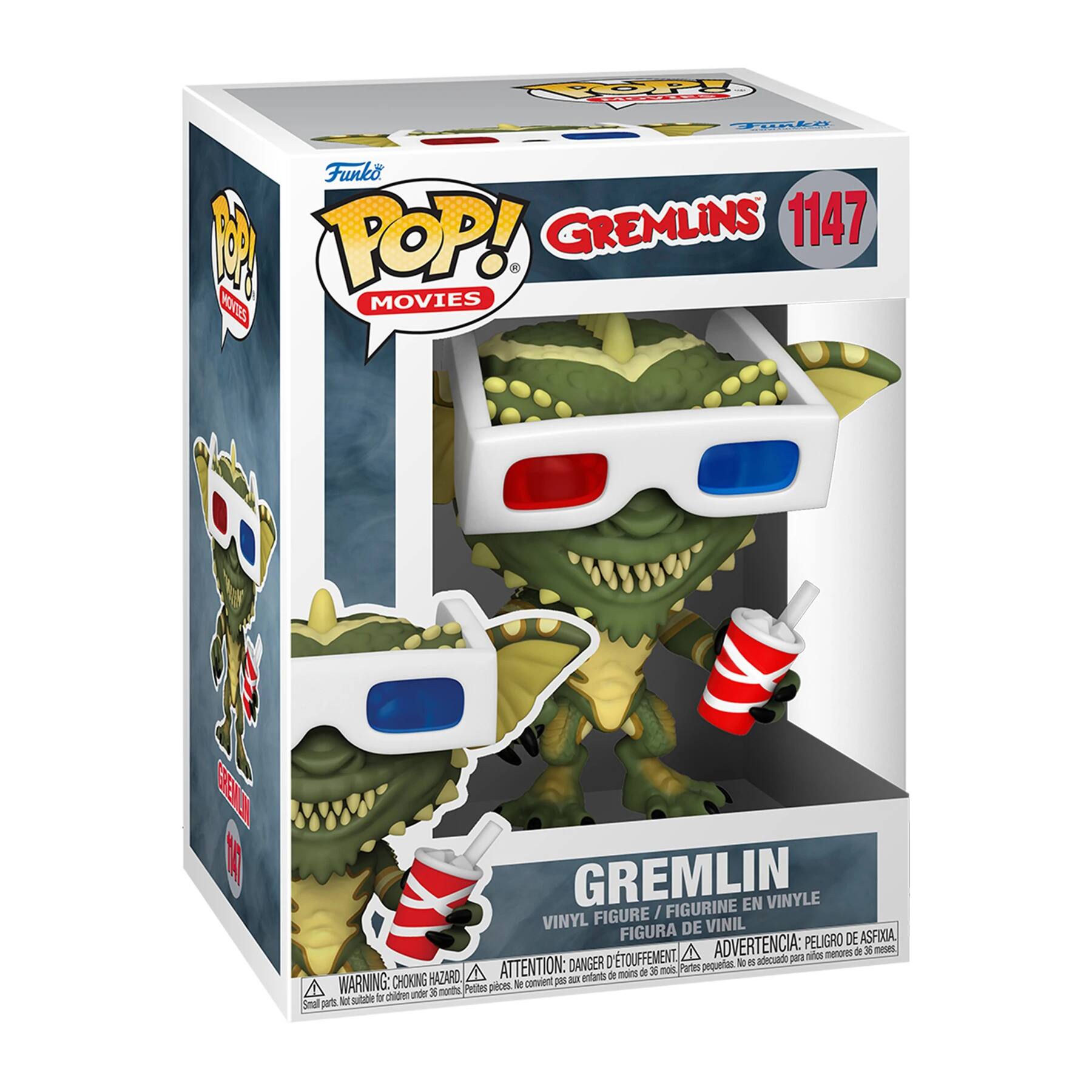 Funko P POP! GREMLINS 1147 MOVIES
GREMLIN EN VINYLE FIGURE / FIGURINE VINYL DE VINIL FIGURA
PELIGRO DE ASFIOA, D'TOUFFEMENT. A ADVERTENCIA: p mies menores - meses DANGER peqvelus N . adecuado HAZARD A ATTENTION: antants de mons de 36 aoe Partes WARNING: CHOKING to convient 5 B nurths Petites pieces. childen under x  sutabie  Seal p