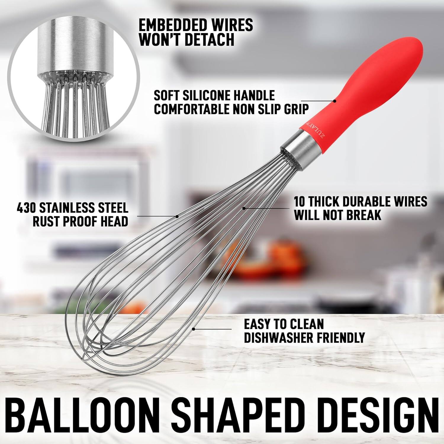 - Embedded wires won't detach
- Soft silicone handle, comfortable non slip grip
- 430 stainless steel, rust proof head
- 10 thick durable wires will not break
- Easy to clean, dishwasher friendly
- Balloon shaped design