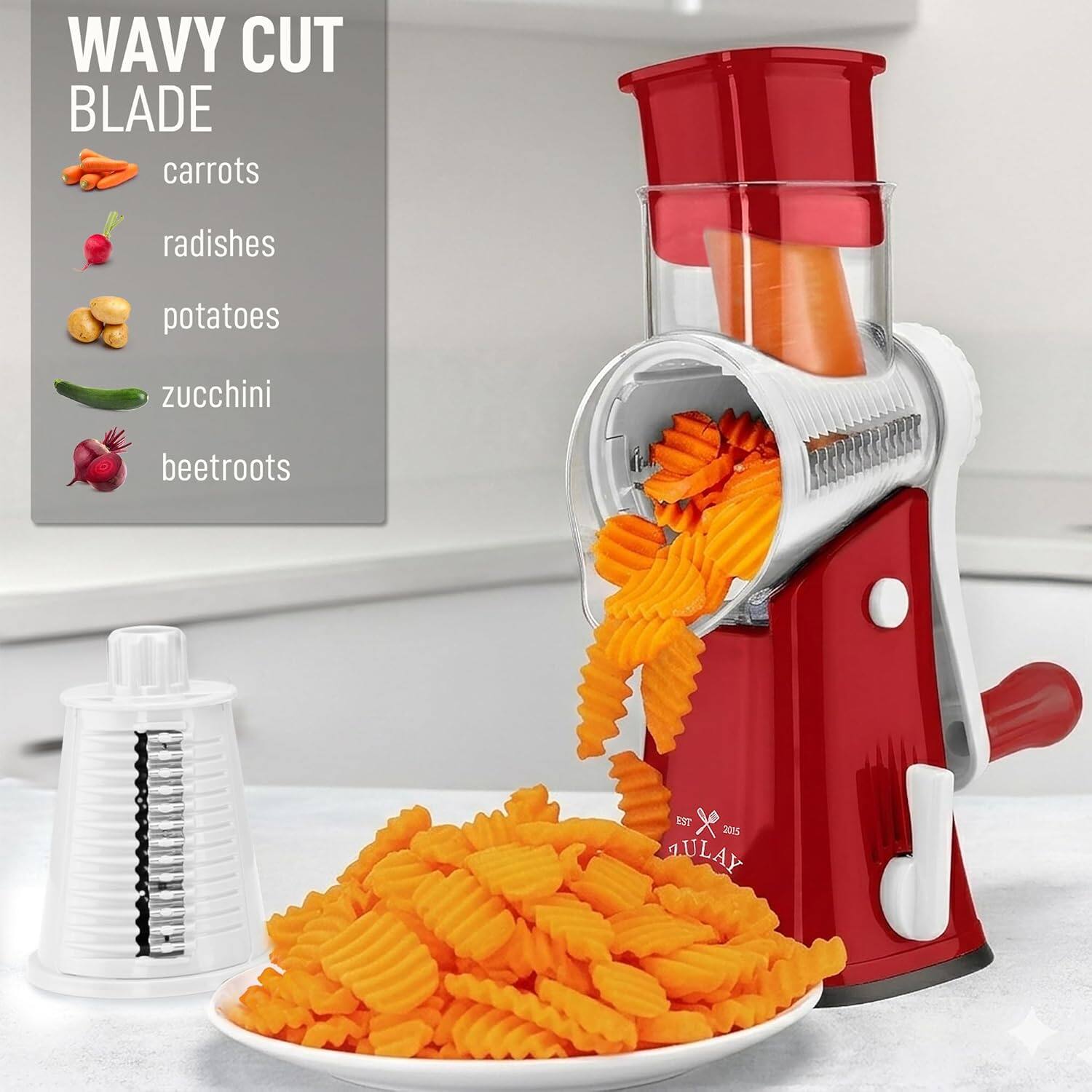 WAVY CUT BLADE  
carrots  
radishes  
potatoes  
zucchini  
beetroots  

RRPPEPPER EST x 2025 JULAY