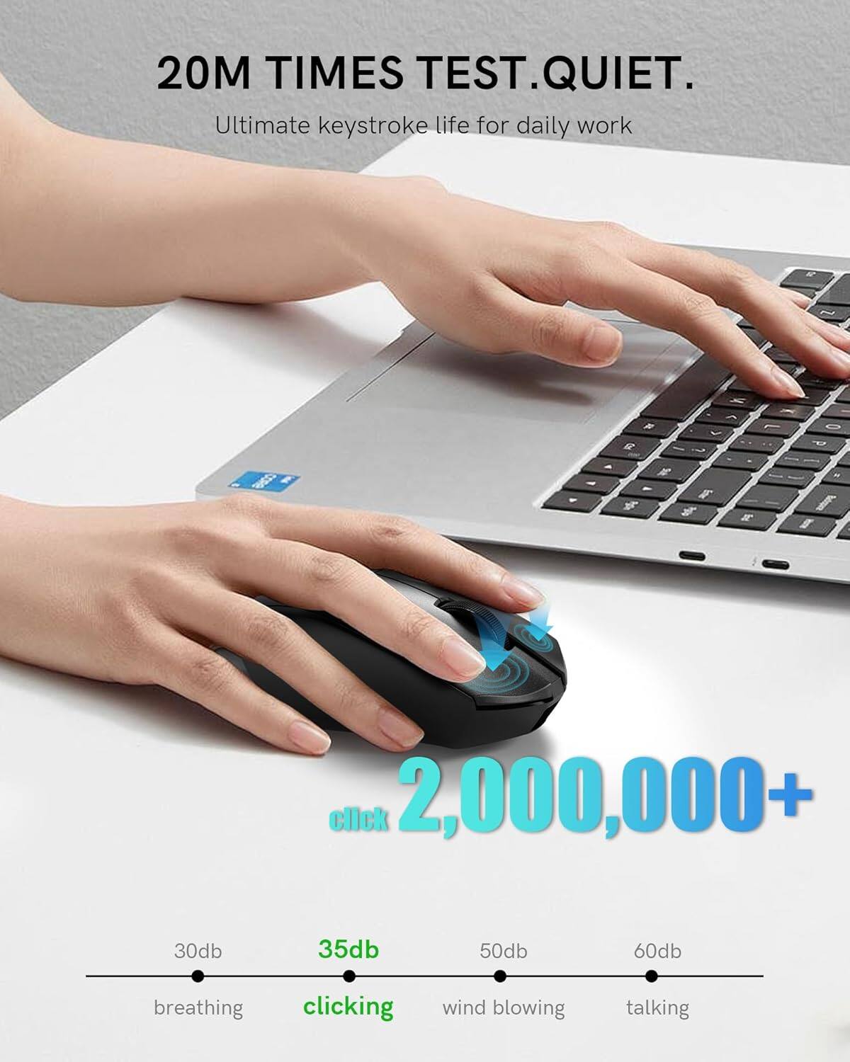 20M TIMES TEST.QUIET.  
Ultimate keystroke life for daily work  

2,000,000+  

30db - breathing  
35db - clicking  
50db - wind blowing  
60db - talking