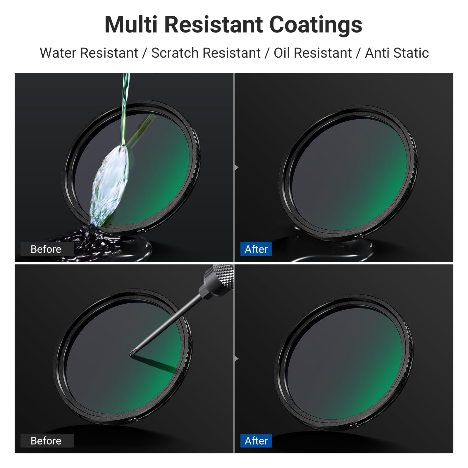 Multi Resistant Coatings  
Water Resistant / Scratch Resistant / Oil Resistant / Anti Static  
Before After  
Before After