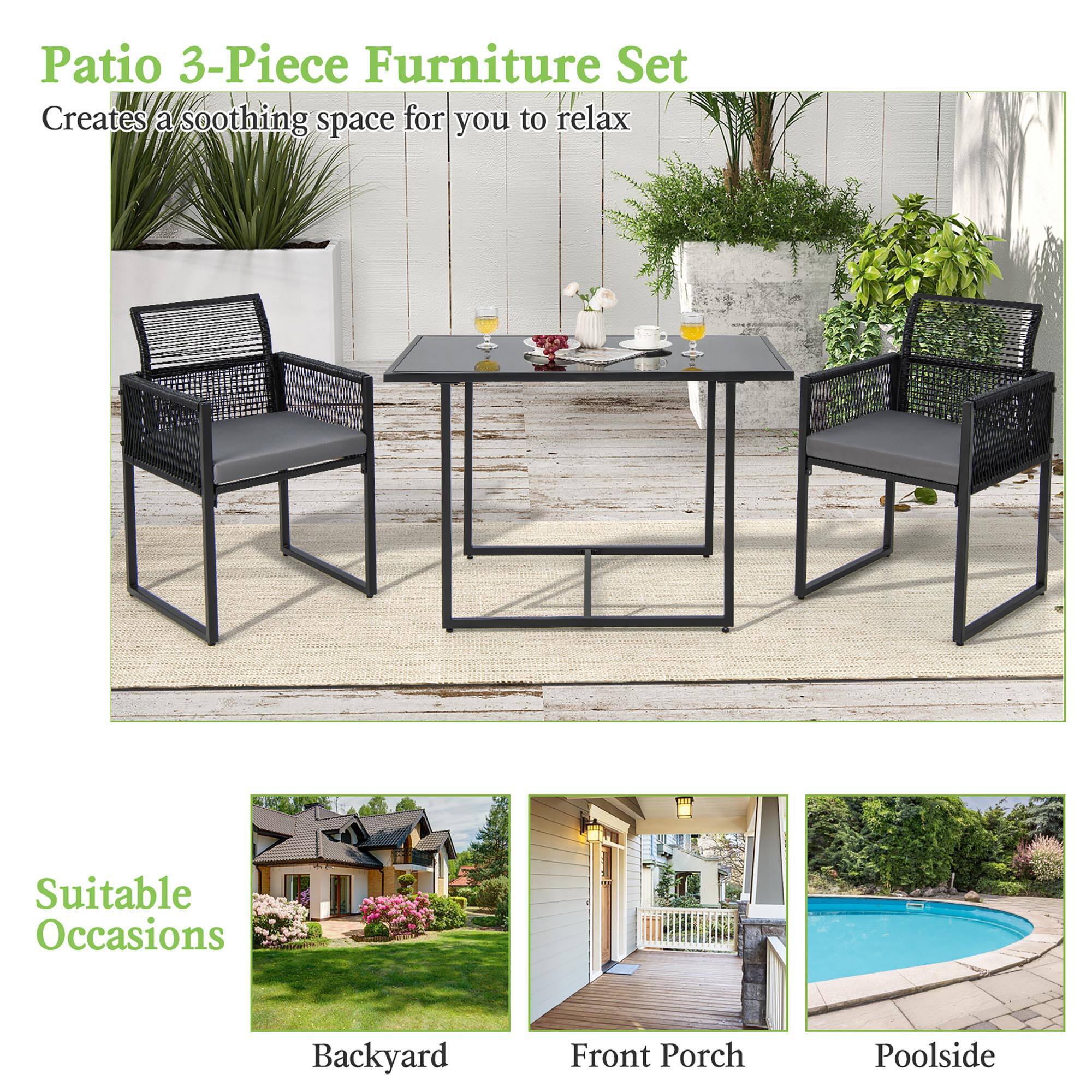 Patio 3-Piece Furniture Set
Creates a soothing space for you to relax
Suitable Occasions
Backyard
Front Porch
Poolside