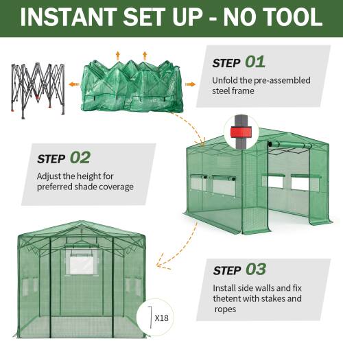 **INSTANT SET UP - NO TOOL**

**STEP 01**  
Unfold the pre-assembled steel frame

**STEP 02**  
Adjust the height for preferred shade coverage

**STEP 03**  
Install side walls and fix the tent with stakes and ropes

*Note: "X18" is mentioned in the image, but it's unclear what it refers to. It might be a model number or a specific detail related to the tent.*