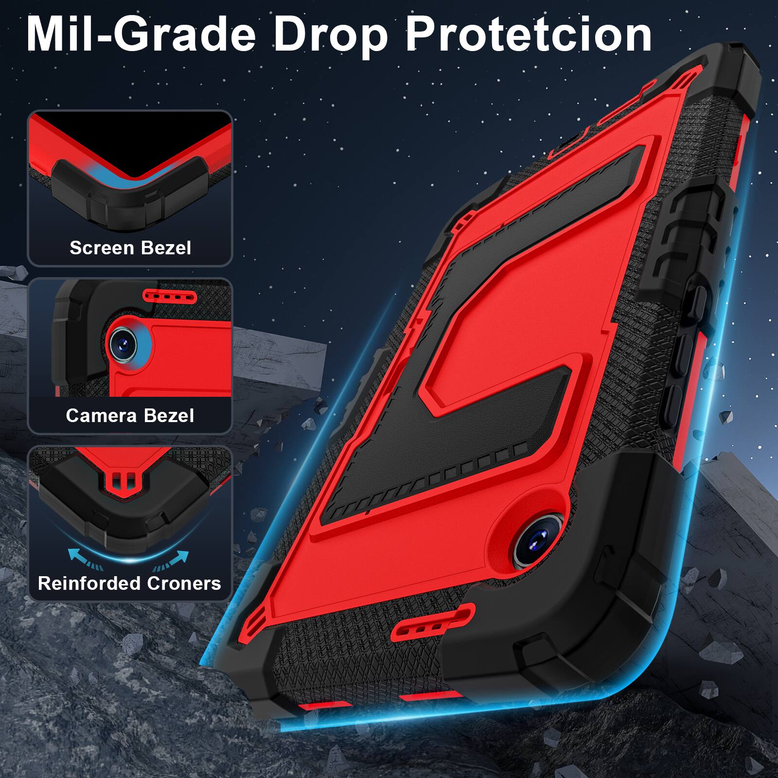 Mil-Grade Drop Protection  
Screen Bezel  
Camera Bezel  
Reinforced Corners