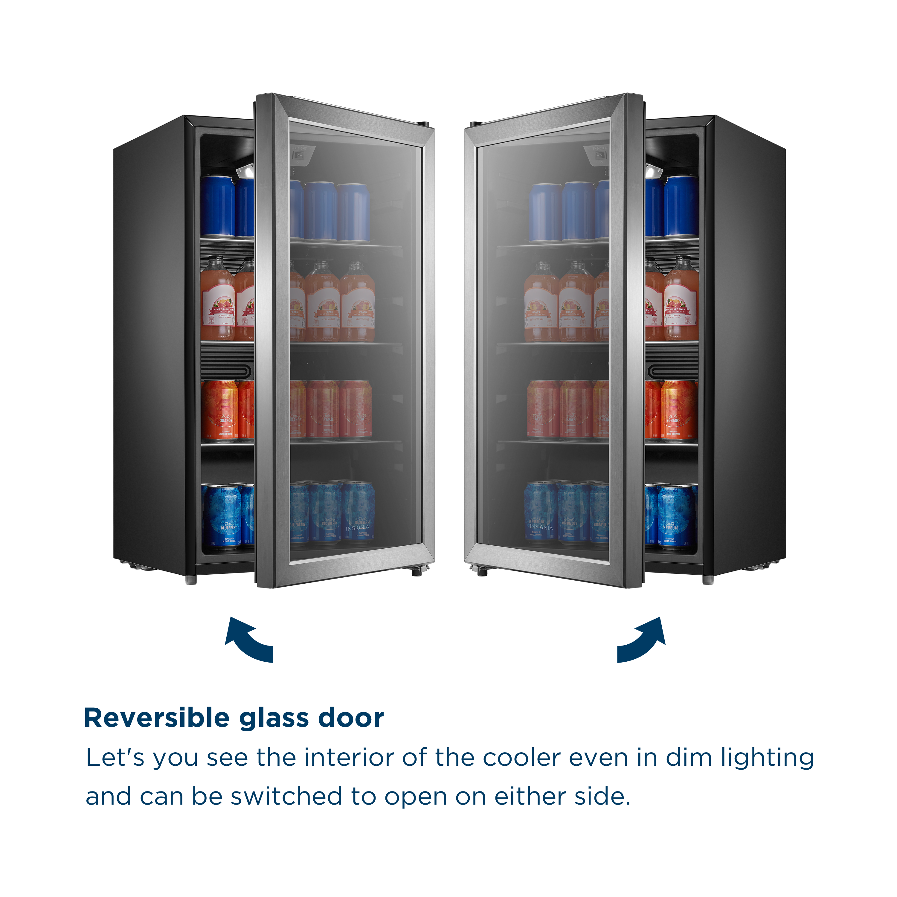 Left. Insignia™ - 115 Can Beverage Cooler with Glass Shelves - Stainless Steel Look.