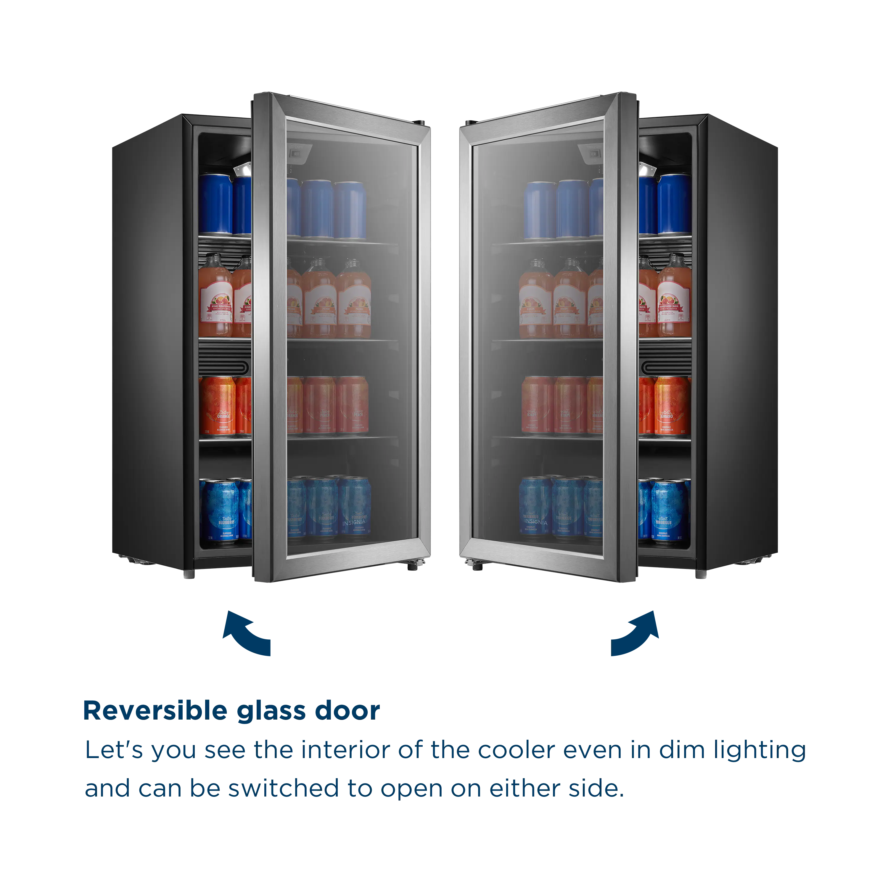 Left. Insignia™ - 115 Can Beverage Cooler with Glass Shelves - Stainless Steel Look.