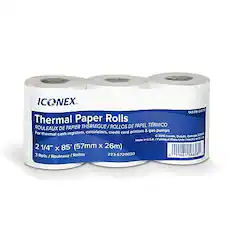 ICONEX 9078-0076 Thermal Paper Rolls
THERMAL / THERMIQUE / ROLLOS DE PAPEL TÉRMICO / ROULEAUX DE PAPIER
For thermal cash registers, calculators, credit card printers & gas pumps
2 1/4" x 85' (57mm x 26m)
3 Rolls / Rouleaux / Rollos
Made in U.S.A.
223-6720030
D 11661 6808