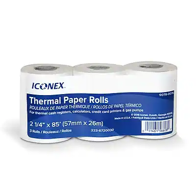 ICONEX 9078-0076 Thermal Paper Rolls
THERMAL / THERMIQUE / ROLLOS DE PAPEL TÉRMICO / ROULEAUX DE PAPIER
For thermal cash registers, calculators, credit card printers & gas pumps
2 1/4" x 85' (57mm x 26m)
3 Rolls / Rouleaux / Rollos
Made in U.S.A.
223-6720030
D 11661 6808