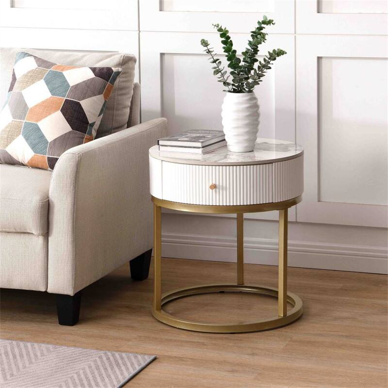 Angle. HTUTWOO - Modern Nightstand - 19.68 Inch Marble Round End Table with Drawer, Storage Side Table for Living Room & Bedroom - White.