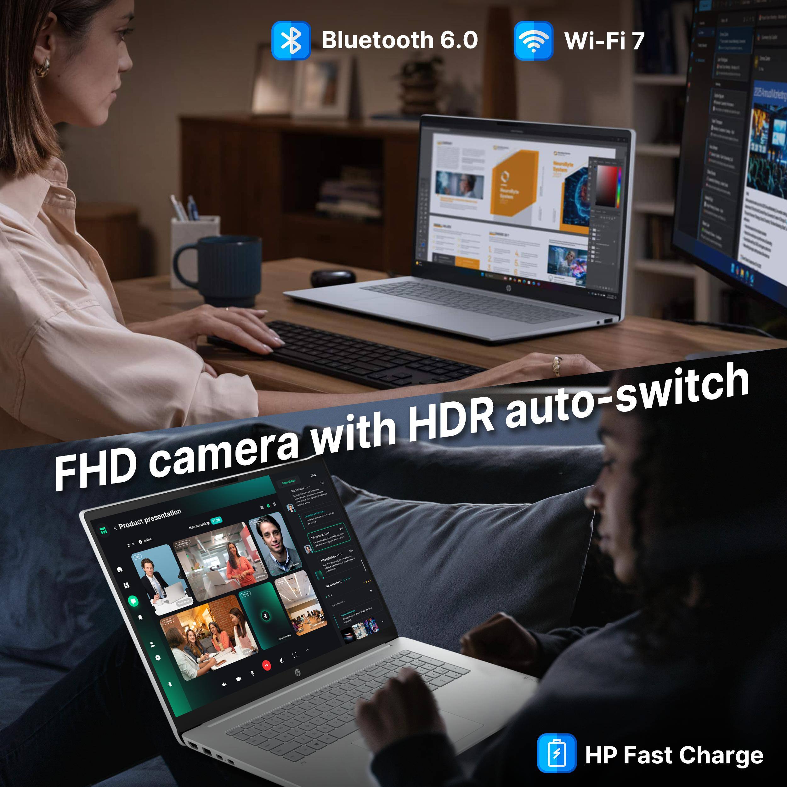 Bluetooth 6.0 Wi-Fi 7 FHD camera with HDR auto-switch Product presentation - - . - - 8 : HP Fast Charge