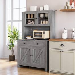 Qeetex - Kitchen Pantry Cabinet with Microwave Stand, Freestanding Hutch Buffet with Adjustable Shelves & Glass Doors - Gray